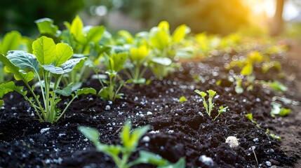 Thriving Garden Bed with Lush Plants on Nutrient-Rich Compost Soil