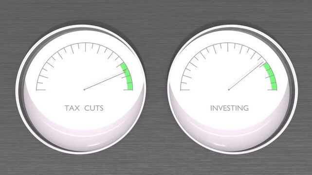 Financial, business and profit concept. Abstract measuring device. Influence of tax cuts on increase of investing. Scales of cause and effect. 3D render