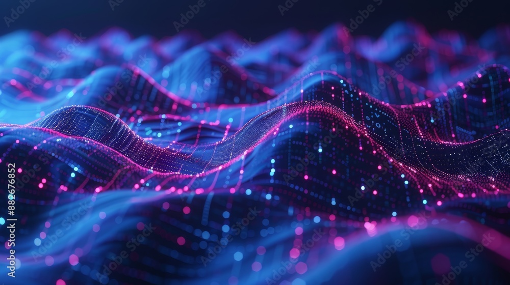 Poster blockchain data flow with ai tech, network connection, 3d music waves in science research concept