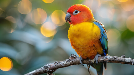 Obraz premium Vibrant sun conure parrot perched on branch, displaying colorful plumage against blurred background. Concept of exotic birds, tropical wildlife, and natural beauty.