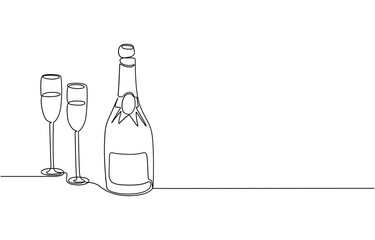 Vector wine bottle and glass one line continuous drawing illustration. Hand drawn linear silhouette icon,  bottle of wine and a glass icon line continuous drawing vector. One line Glass goblet icon.