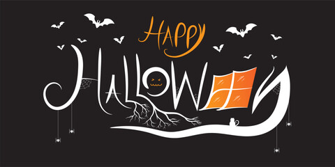 Halloween horizontal banner on a black background. HAPPY HALLOWEEN PARTY. Trick or Treat. Vector illustration