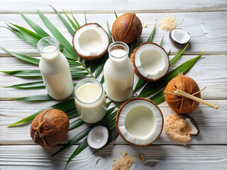 Flat lay copy space image of coconut products on a white wooden table background including a dairy free milk substitute drink Perfect for a healthy eating display