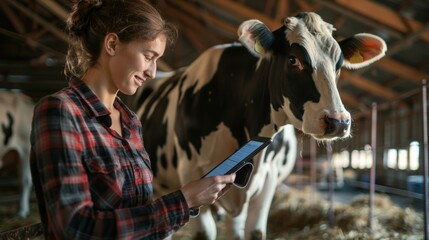 Farmer Engaging with Modern Technology in a Barn, Smiling While Using a Smartphone Next to a Curious Cow, Illustrating the Integration of Agriculture and Digital Innovation