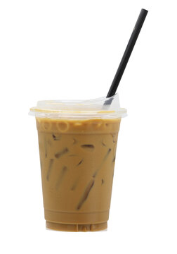 Iced coffee in biodegradable cup with straw on transparent background (PNG File)