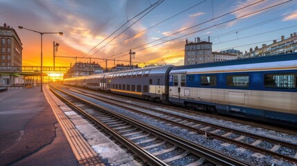 Fototapeta premium Train at main station. crossings and for the arrival and departure of trains.