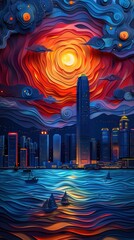 Obraz premium Hong Kong Harbor Skyline at Night Sunset Paper Cut Phone Wallpaper Background Illustration