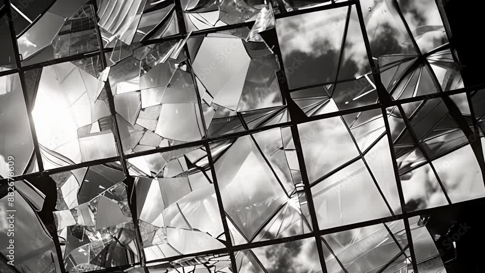 Poster the glass of a skyscr appears like a canvas reflecting a myriad of colors and shapes. black and whit