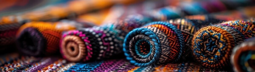 Bold Colors and Patterns on traditional textiles, a macro shot revealing the intricate craft of weaving