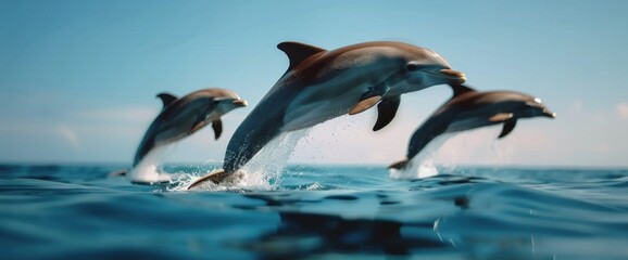Fototapeta premium Full body shot of a dolphin leaping from the ocean, natural lighting, copy space