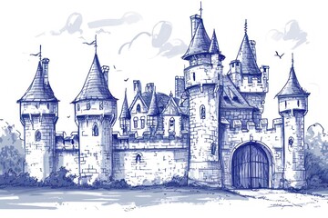 Fototapeta premium Antique of castle drawing sketch architecture.