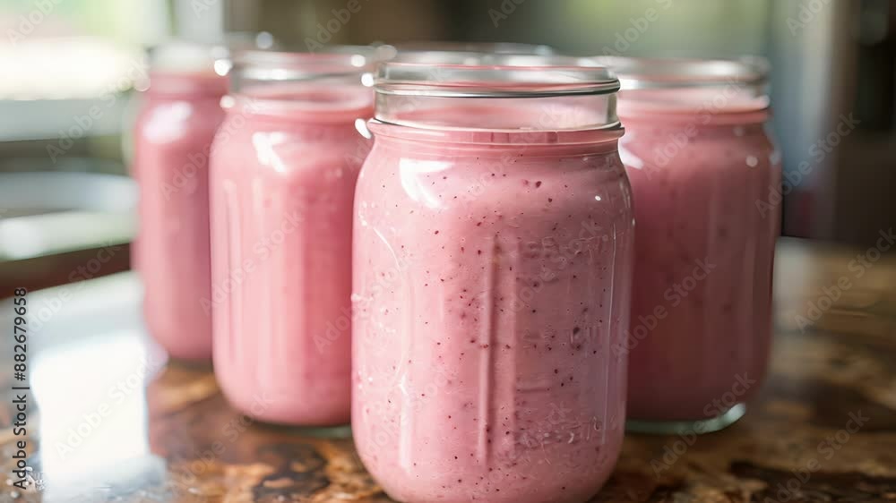 Poster a set of mason jars filled with a creamy pink buckwheat detox smoothie perfect for prepping ahead an