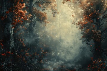 Fototapeta premium Mystical forest scene with mist-shrouded leaves.