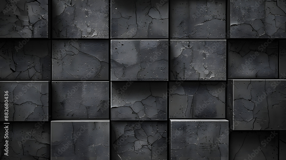 Poster a black and white photo of a wall made of gray blocks. the blocks are arranged in a grid pattern, wi