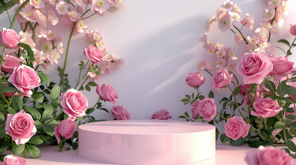 Podium background flower rose product pink 3d spring table beauty stand display nature white. Garden rose floral summer background podium cosmetic valentine easter field scene gift purple day