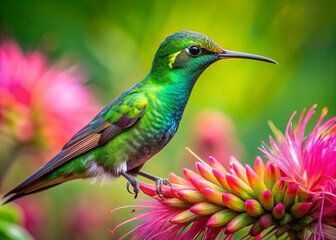 Vibrant green hummingbird with iridescent feathers perched on a delicate pink flower, its long beak sipping nectar in a lush tropical garden setting.