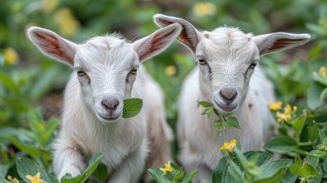 Goats browsing leaves and shrA Delightful Image of Playful Young Goats Enjoying Fresh Greens in a Lush Pasture, Capturing the Essence of Farm Life and Nature's Innocenceubs