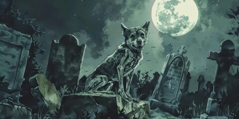 Skeleton dog, surrounded by tombstones, moonlit graveyard, Watercolor style