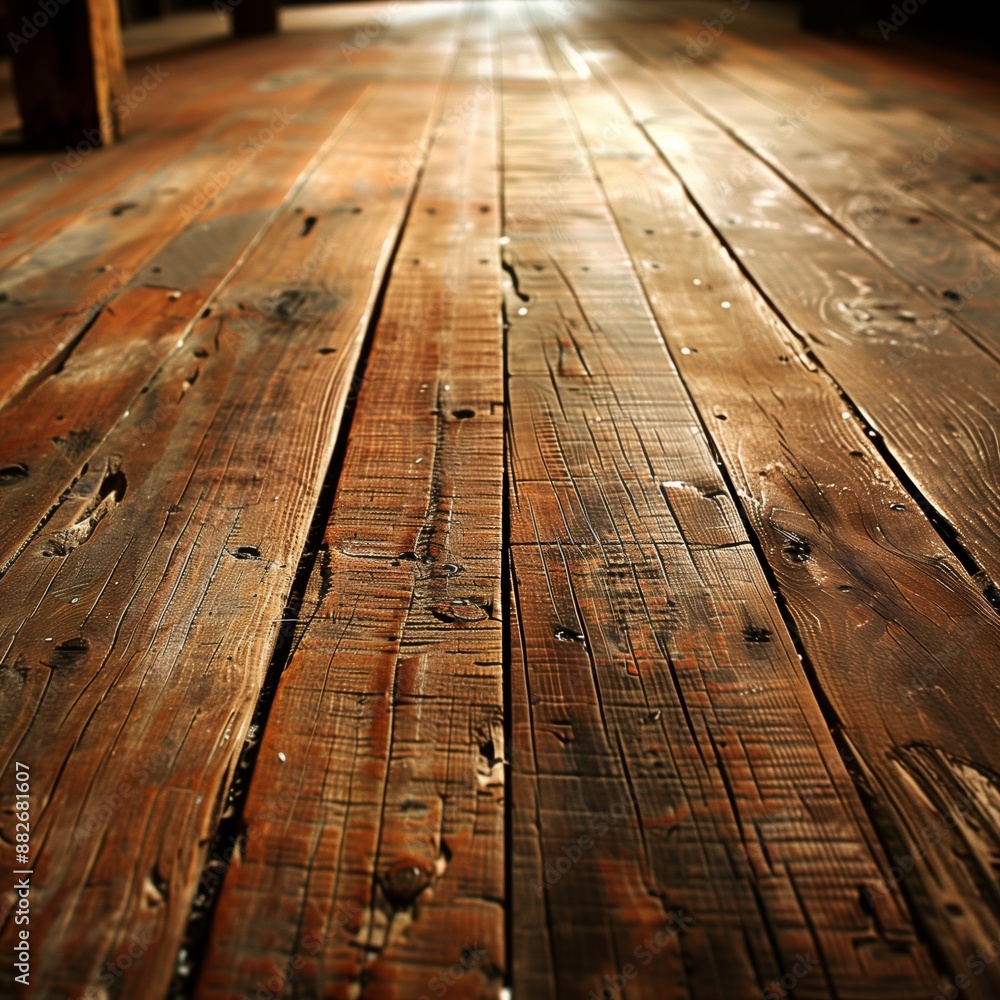 Poster close-up of a rustic wooden floor with visible grain and texture in warm lighting.