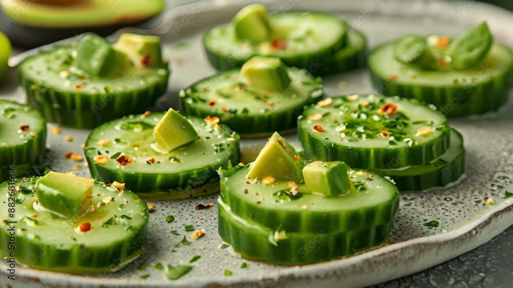 Poster sliced cucumber rounds topped with avocado oil and diced avocado for a simple and refreshing snack o
