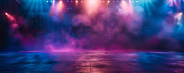 Fototapeta premium A captivating theater stage is set with dramatic lighting and vibrant colors, creating a mesmerizing atmosphere. The stage is ready for a performance, with spotlights illuminating the scene.