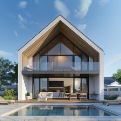 Modern coastal style house with wooden exterior, large glass doors, and a pool in the foreground