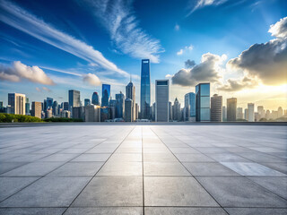 Empty square floor with city skyline background, City skyline with an architectural metamorphosis, dynamic evolution of buildings and structures shaping the urban panorama