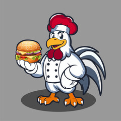 a chicken with a red hat holding a hamburger.