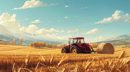Obraz premium A farmer drives a tractor pulling a hay baler across a golden field, capturing the essence of a traditional harvest.