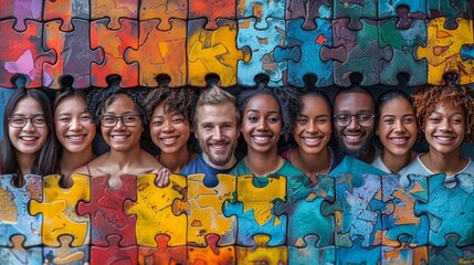 Diverse group of smiling people with puzzle pieces in the foreground, symbolizing unity and diversity.