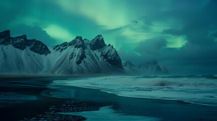 Naklejka premium Amazing view of green aurora borealis shining in night sky over snowy mountain ridge with black sand stockness beach and vestrahorn mountain in background in iceland. 
