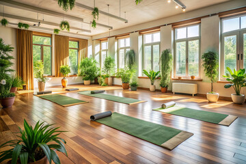 Serene yoga studio with natural light, wooden floors, and calming green plants, ready for a mindful practice, with yoga mats and props neatly arranged.