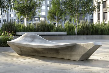 Artistic concrete bench in a city plaza, urban furniture, modern design