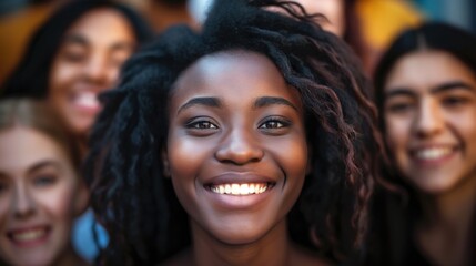 Obraz premium A close-up portrait of a young woman with dark hair and a bright smile. She is surrounded by her friends, all of whom are smiling and looking happy