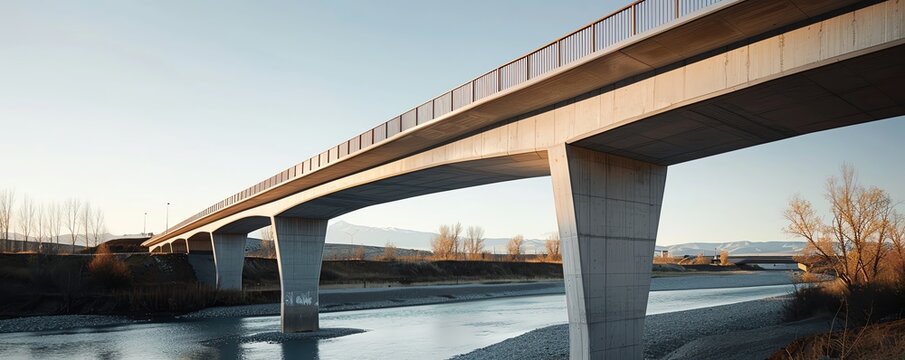 Concrete bridge spanning over a river, engineering marvel, urban infrastructure