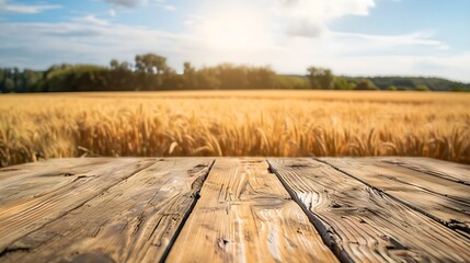 Obraz premium An empty wooden table top set against a golden wheat field under a clear blue sky