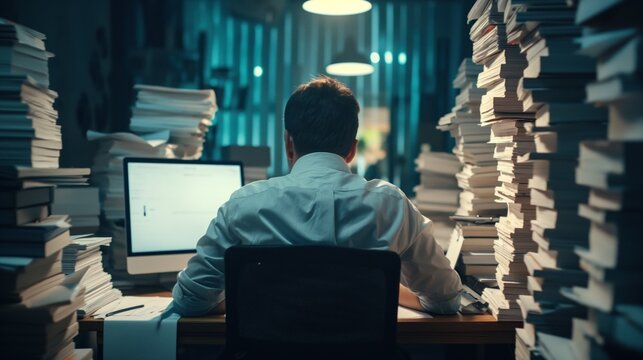 Back view Tiredness of overworked employees surrounded by stacks of paperwork working late into night in office
