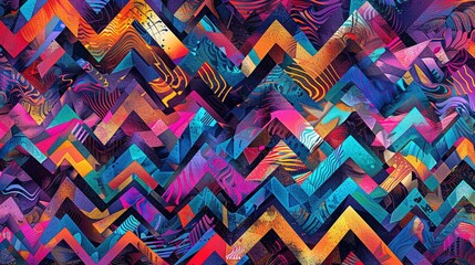 A chaotic yet harmonious mix of zigzag patterns and vibrant colors, creating a visually striking background.