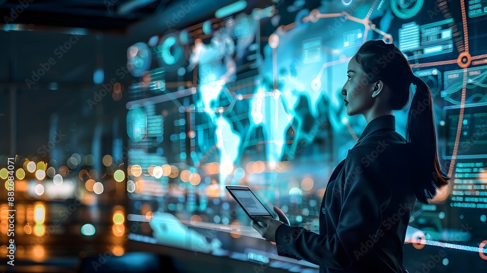Poster futuristic digital interface with holographic data visualization in corporate business setting