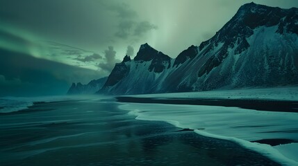 Fototapeta premium Amazing view of green aurora borealis shining in night sky over snowy mountain ridge with black sand stockness beach and vestrahorn mountain in background in iceland. 