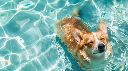 Corgi Enjoying Swimming. A dog floating peacefully in a clear, blue outdoor swimming pool