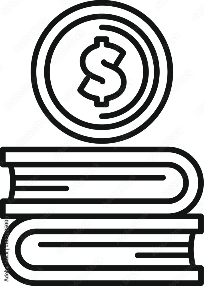 Poster simple line art illustration of a dollar coin balancing on a stack of books, representing the concep