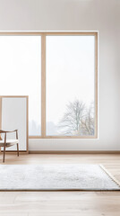 Interior design living room composition with a mirror, a large window and minimal furniture. Apartment interiors with plain lighting and copy space.