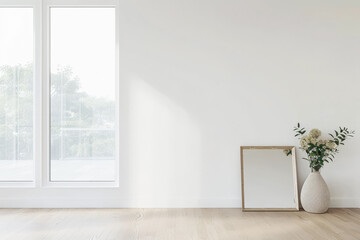 Fototapeta premium Interior design living room composition with a mirror, a large window and minimal furniture. Apartment interiors with plain lighting and copy space.