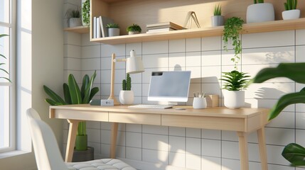 Fototapeta premium A cozy home office with a modern desk, laptop, and potted plants