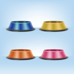 Pet food bowls, blue, orange, pink, yellow
