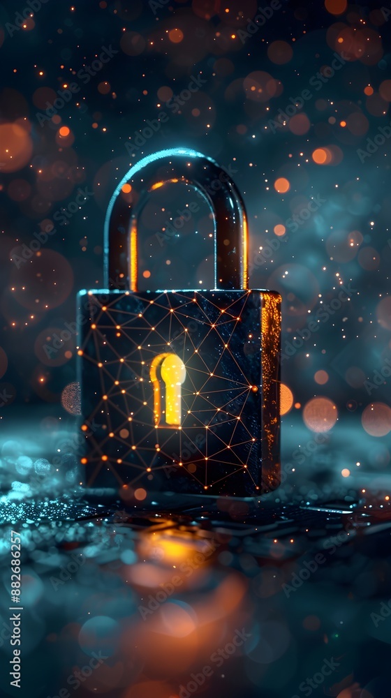 Poster glowing padlock icon representing digital security and futuristic encryption technology