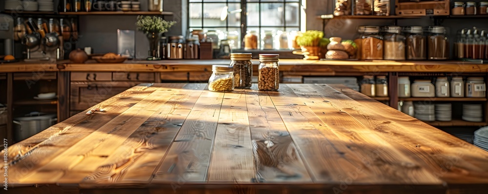 Poster Rustic Gourmet Shop Butcher Block Table with Empty Surface for Product Display