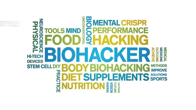 Biohacker animated word cloud;text design animation tag kinetic typography seamless loop.