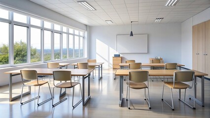Empty modern classroom with desk, chair, and open textbook, awaiting a teacher and student, with neutral white background and minimalistic decor.